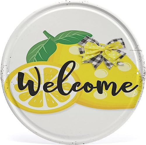 Retro Metal Tin Sign 12 Round Lemon Welcome Door Sign Farmhouse Front Door New Decor Fresh Lemon with Yellow Black White Plaid Bowknot, Summer Gift Ideas for Parents, Friends, Tea