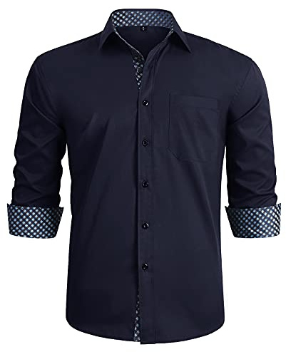 HISDERN Mens Dress Shirt Long Sleeve Shirts for Men Formal Regular Fit Shirts Casual Shirt 6XL Navy Blue