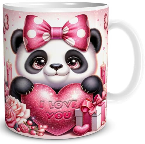 TRIOSK Tasse Valentinstag Panda Bär mit Herz I Love You Spruch Ich liebe Dich Geschenk Tierliebe für Sie Frauen Freundin Bärenliebhaber, Keramik 300ml