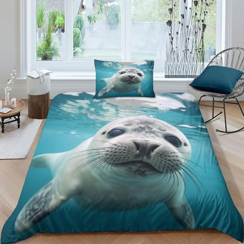 Seehund Bed Linen Light Plush Long Mikrofaser Duvet Cover Warm Niedliches Robbenbaby Duvet Cover And Pillowcase with Zip Hypoallergener Mikrofaser Für Kinder Teenager Erwachsene Single（135x200cm）