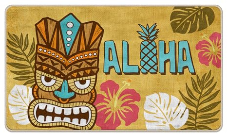 Tailus Aloha Summer Tiki Decorative Front Door Mat, Tropical Palm Leaves | Yellow Doormat Indoor Outdoor Non-Slip Floor Entryway Rug, Hawaii Hibiscus Flower Pineapple Home Kitchen Decoration