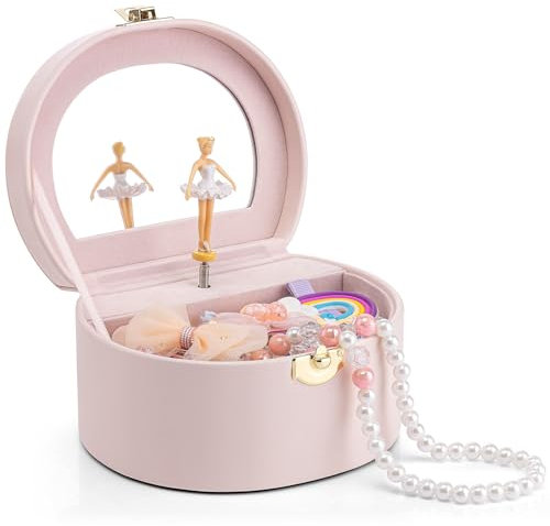 Vlando Boîte à bijoux musicale pour fille avec ballerine, 3, 4, 5, 6 ans, boîte à musique, boîte à bijoux avec couvercle, pour enfants, bracelet, bague, collier, abricot rose