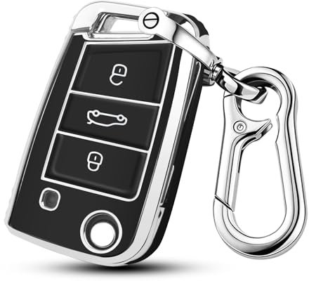 QBUC Silberfarbenes Schlüsselhülle Passend für Volkswagen, Drei-Knopf-Autoschlüsselkasten, Auto Kratzfestes Schlüsseletui, Passend für Schlüsseletuis von Volkswagen Polo, Skoda, Tiguan (C-Schwarz)