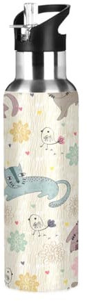 Bouteille d'eau avec paille anti-fuite - Motif fleurs - Chats mignons - Bouteille isotherme sous vide pour filles et garçons - 600 ml