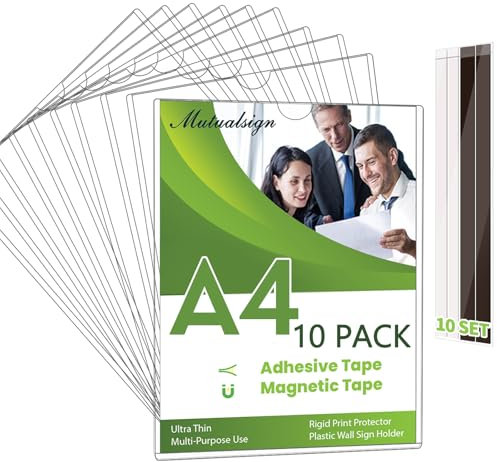 Set of 10, Wall Sign Holder A4 Magnetic Sign Holder, Rigid Print Protectors with Adhesive & Magnetic Tapes, Wall Mount Plastic Paper Holder for Office Store Home Window Display