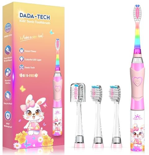 Elektrische Zahnbürste Kinder ab 3-6-8-12 Jahre mit buntem Regenbogen-LED-Licht Integrierter Timer 90% abgerundeten Borsten Schallzahnbürste für Kleinkind (Kind Rosa Kaninchen)