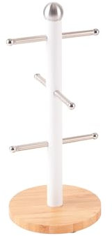 Royalford Mug Holder with 6 Hooks, Metal Coffee Cup Holder with Bamboo Base Mug Tree, Coffee Mug Holder Stand, Storage Organizer Display Stand, Counter Cup Holder, Kitchen Storage Rack, White