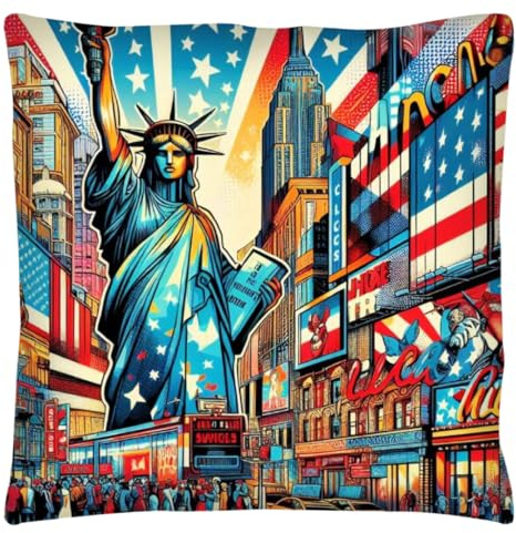 Pop Art Kissenbezug, Motiv: USA-Flagge, New York, Freiheitsstatue, Pop-Art, Heimdekoration, Inso-Motiv, bunte Geschenkidee für Männer, Frauen und Kinder, 45 x 45 cm, abstraktes New York