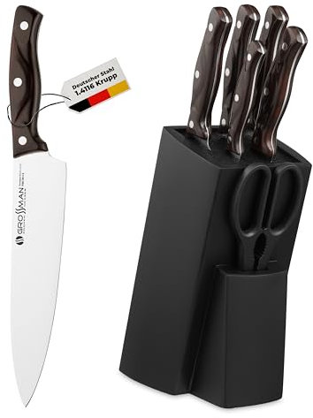 GROSSMAN® Calgary Messerblock | 6-teiliges Messerset mit Messerständer | Deutschem Edelstahl Klingen | Gummibaum Messerhalter mit Messer |Messerorganizer | Küchenmesser Set | Tiefschwarz | Schwarzrot