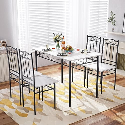 FURNITABLE Esstisch mit 4 Stühlen Holz 5-TLG Set Metall 109 x 69 cm Industrial Esszimmer Küche Stühle Tisch Möbel Essgruppe Sitzgruppe,Weißer Marmor