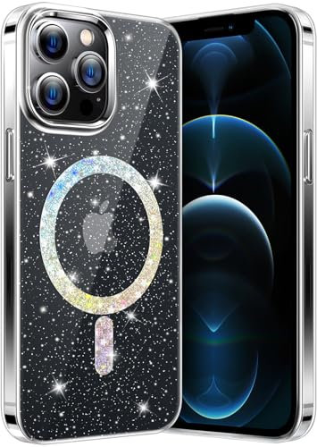 nicekool Magnétique Pailletée Coque pour IPhone 12 Pro Max, Compatible MagSafe Anti Jaunissement Rayures Protection Antichoc Coque, Transparente Bling Brillante Arrière, Clear