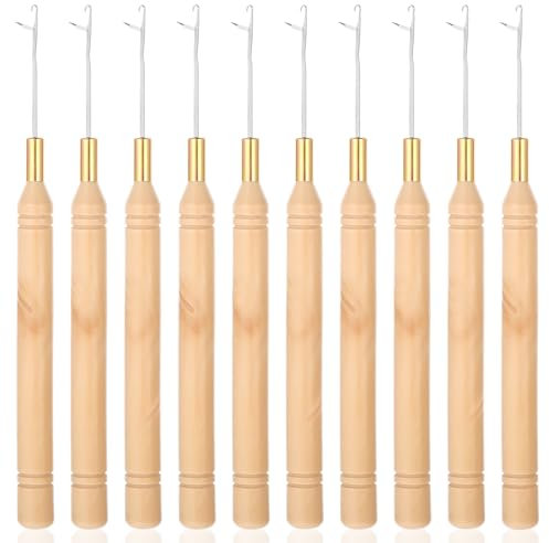 Dimeho Knüpfnadel, 10 Stück Knüpfhaken aus Holz, Gebogene Häkelnadel Nadel Häkelnadel Knüpfhaken für Zöpfe, Haarverlängerung, Federn, Teppiche und Kunsthandwerk