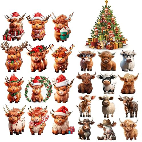 36 Pcs Cute Cartoon Cattle Decorative Hanging Ornament Wood Pendant for Xmas Holiday Car Decor Wooden Highland Cow Christmas Decorations