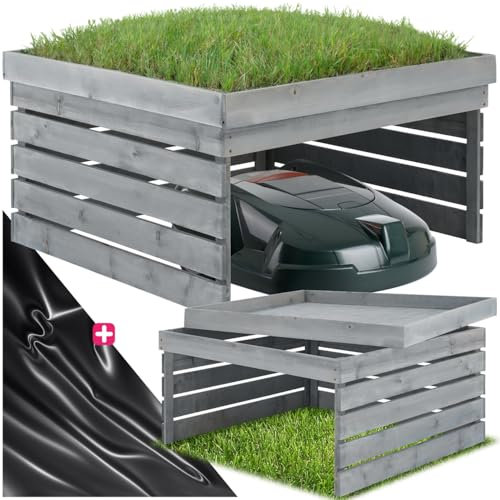 tectake® caseta de jardin para cortacesped robot, garaje para robot cortacesped, techo ideal para plantar, caseta jardin exterior de pino, caseta robot cortacesped - Gris