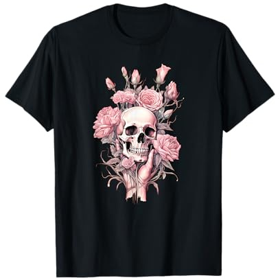 Rose Skull Skeleton Design for Girls and Women in Pink T-Shirt