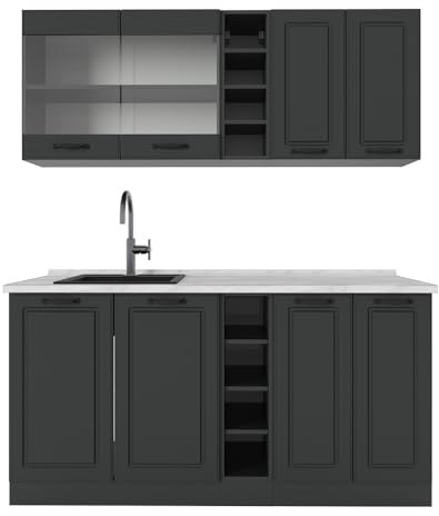 Vicco Singleküche R-Line, Anthrazit Landhaus/Anthrazit, 160 cm, AP Marmor