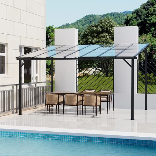 Waimiehomy 3M*4.2M Wall-Mounted Garden Pergola, Aluminium Awning Gazebo, Heavy Duty Metal Lean To Pergola With UV Sun Shade Shelter Roof, Outdoor Patio Gazebo Awning For Backyard, Deck