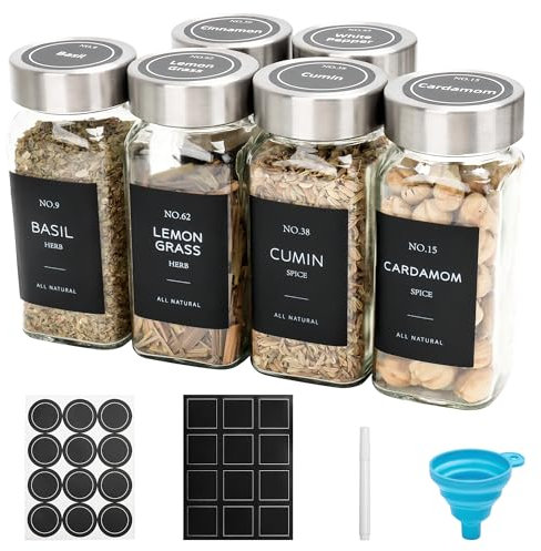 6er Set Gewürzdosen, 120ml eckige Gewürzgläser aus Glas, Gewürzbehälter, Gewürzgläser Set mit Edelstahl Deckel, Gewürzaufbewahrung mit Trichter, Etiketten, Für GewürzOrganizer, Schrank, Schublade
