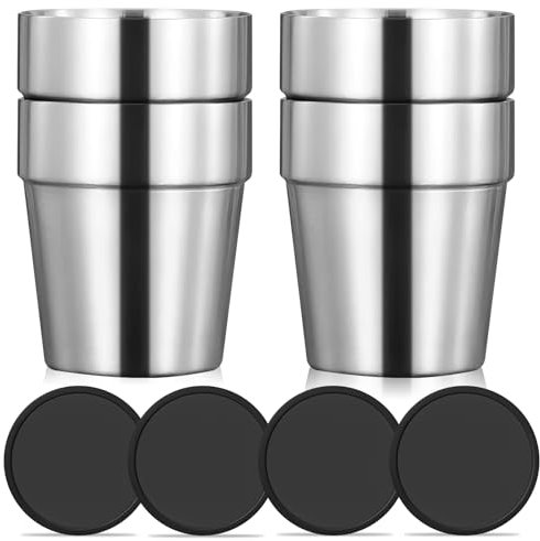 Lot de 4 tasses à double paroi en acier inoxydable + sous-verre en silicone, tasses à expresso empilables, tasses à café/thé/verres à bière pour la maison, les fêtes ou le camping, 6 oz (175 ml)