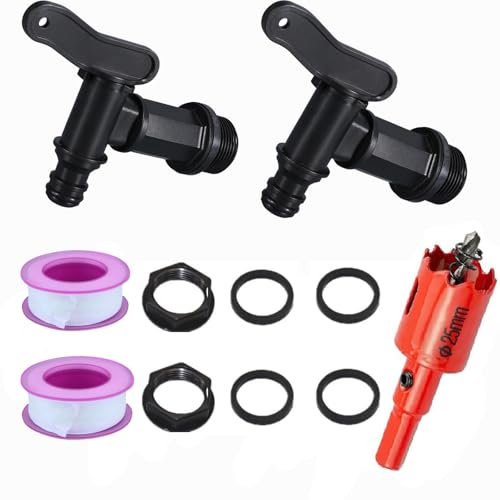 2Pcs Robinet Cuve Plastique, BetterJonny Robinet pour Citerne de Pluie 3/4 Adaptateur Robinet Tuyau Arrosage Robinet de Rechange en Plastique avec Ruban et Ouvre-Trou pour Recuperateur Eau de Pluie