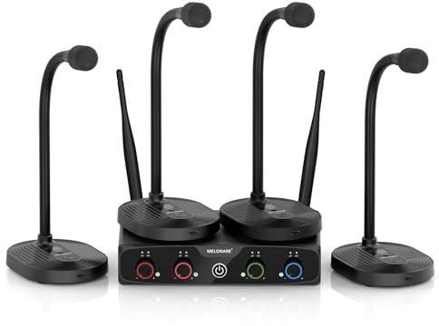 MELONARE 4-Channel Wireless Conference Microphone System MWM-41-4G | 4 gooseneck mics, 4 x 10 frequencies, 200 ft range, UHF cordless setup for lecture, church, conference and public speaking
