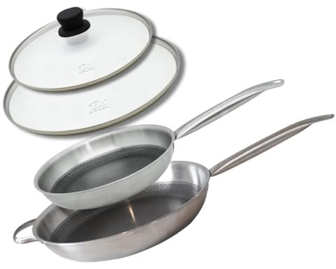 Elo 9350450 Poêles Acier Inoxydable 18-10 24 et 32 cm avec Couvercles, sans PFAS, Antiadhésive, Induction, Revêtement Antiadhésif sans PFAS, Inox 18-10, Acier Inox, Aluminium, Gris, 24 et 32 cm