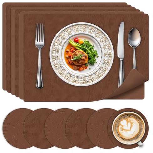 Tischsets 6er Set und Untersetzern–Hitzebeständige Platzsets Abwaschbar, beidseitiges Leder Design rutschfest Platzdeckchen für Küche, Haus, Restaurant,Brown