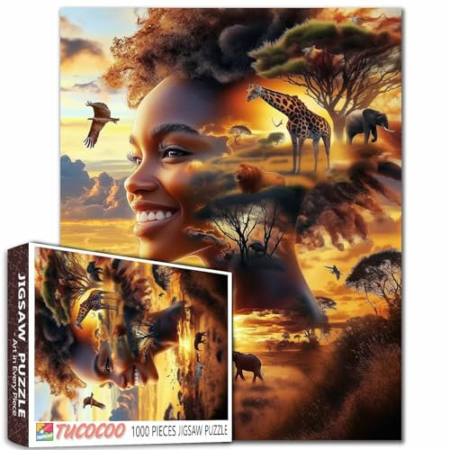 Elefant Tier Baum Sonnenuntergang Landschaft 1000 Teile Puzzles für Erwachsene Afrikanische Giraffe Puzzle für Anfänger Surreal 1000 Teile Puzzles für Erwachsene Geschenk für Frauen Familie Spaß