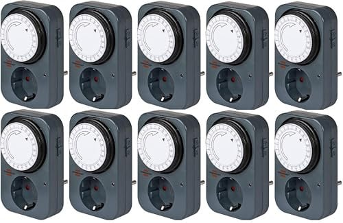 Brennenstuhl Zeitschaltuhr MZ 20, mechanische Timer-Steckdose (Tages-Zeitschaltuhr mit erhöhtem Berührungsschutz) grau (10er Pack)