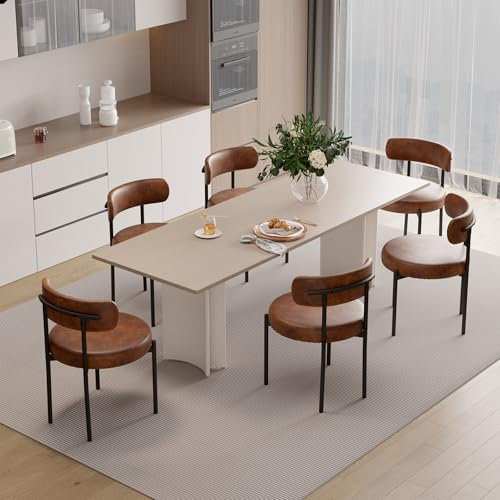 Hawthyhome Esszimmerstühle 6er Set丨PU-Leder Runde Boucle Stühle·Mid-Century gepolsterte Küchenstühle·Dining Chairs mit Metallbeinen·Braun