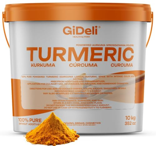 GiDeli Curcuma in Polvere 1kg - 100% Curcuma Longa pura Senza Additivi né Glutine - Macinata fine dal Colore Intenso - Direttamente dall'India - Ideale per Latte d'oro, Curry e Tisane