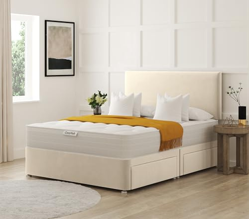 COZY HUB LTD Plain Plush Velvet Divan Bed with 10 Inch Ortho Tufted Mattress & Headboard – Luxury Divan Set with Drawer Storage Options. (Cream, 3Ft- No Drawers)