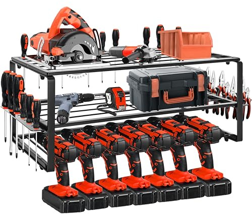 Power Tool Organizer Wall Mount, Power Tool Organizer Storage Rack, Tool Rack for 7 Power Drills, Cordless Battery Tool Shelving with Side Screwdriver Rack for Workshop Shed Pegboard Basement(large)