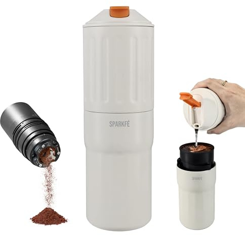 SPARKFE Elektrische Kaffeemühle & Handfilter-Set All-in-One Kaffeebereiter, Wiederaufladbare Mühle mit Edelstahl-Kegelmahlwerk, Pour-Over-Set mit Edelstahl-Filtereinsatz & Reisebechern, Weiß