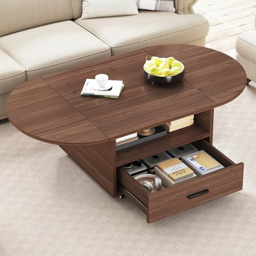 IBF Ovaler Couchtisch 120cm Walnuss, Holz ausziehbar mit Rollen & Stauraum | Ovaler ausziehbarer Couchtisch mit Rollen, Schublade und Stauraum, multifunktional für Wohnzimmer