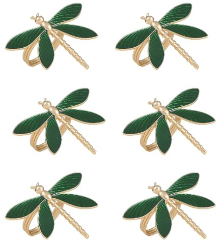 6 Stück Elegante Libellenform Serviettenringe für Tischdekoration | Serviettenhalter aus Metall, mit Grün Emaillierten Schimmernden Flügeln, für Hochzeit Weihnachten Geburtstag Party Dinner