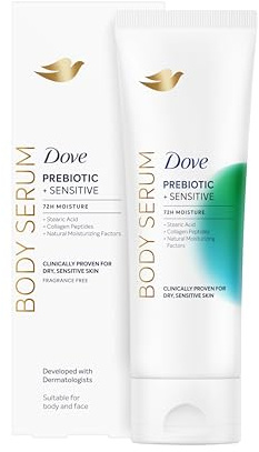 Dove Feuchtigkeits-Serum für den Körper Prebiotic Sensitive, Für Trockene und Empfindliche Haut, 72H Feuchtigkeit, Elastische und Strahlende Haut, Mit Glycerin und Kollagenpeptiden, 200 ml