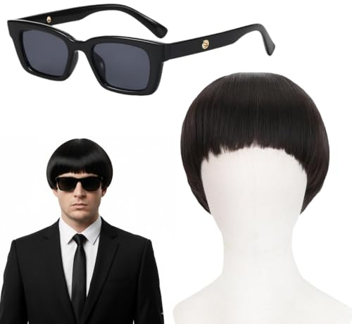 EYWILYWI Funny Wigs for Women and Men, Short Black Mushroom Wig with Glasses, Emo Bowl Cut Wig for 60s 70s 80s Cosplay Halloween Theme Parties Heat Resistant Synthetic Hair (Black)