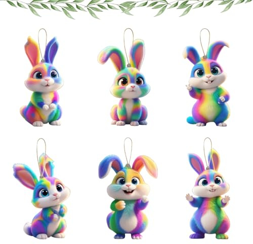 6 Stück Osteranhänger Hase, Osterschmuck zum Aufhängen, 2D Osterdeko Zum Aufhängen, Acryl Anhänger Ostern, Easter Decoration Osterhase Deko, Osterhase Anhänger für Drinnen und Draußen Ostergeschenk
