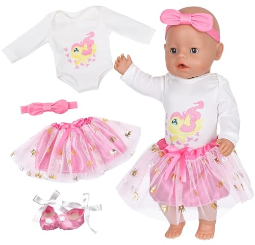 4 Stück Rosa Puppenkleidung für 35-43cm Newborn Baby Puppen, Pony Baby Kleidung Outfits mit 1 Oberteil 1 Tutu Rock 1 Haarband 1 Schuhe für 14-18 Zoll Puppenzubehör Kinder Geschen