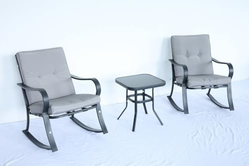 Acekool 3-teiliges Gartenmöbel-Set aus Metall, 2 Schaukelstuhl und quadratischer Tisch, Bistro-Set mit 2 Sesseln, für Garten, Hof und Pool