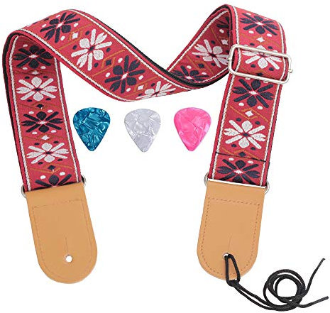 Rufun Gitarrengurt Retro Jacquard Weave Zubehör Einstellbare Länge für Basse E-Gitarre Akustische Gitarre, 3 Picks enthalten (Rot)