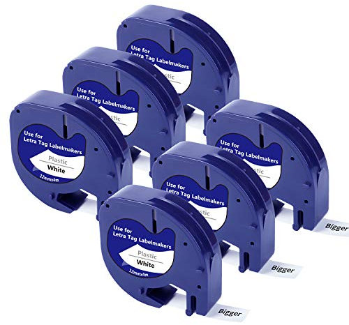 BIGGER kompatible Etikettenbänder als Ersatz für Dymo LetraTag Etikettenbänder, Kunststoff, Schwarz auf Weiß, 91201 (91331 S0721610), verwendet mit LT-100H LT-100T, 12mm x 4m, 6 Packungen