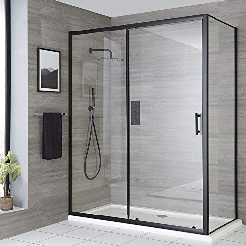 MILANO 1400mm Wet Room Sliding Shower Enclosure Door 700mm Side Panel Black | Toughened Glass Panels. Aluminium Profile. Contemporary Style. Framed Design. Corner Installation.