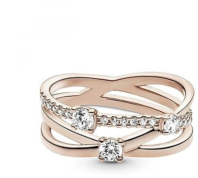 Pandora Timeless Bague Anneau triple scintillant en métal plaqué or rose 14 carats avec zircones cubiques transparentes, taille 54