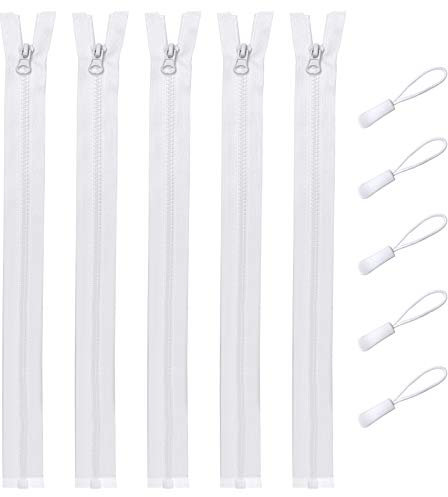 DOITEM Reißverschluss, 5 Stück Reißverschlüsse Plastik Kunststoff Zähne 5mm Mittelgrob Teilbar für Jacken (Weiß, 60CM)