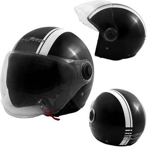 Helm Motorrad Jet Schwarz Glänzend Grafik Weiß ECE 22 06 Visier Open Face S