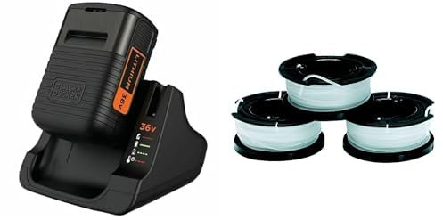 BLACK+DECKER Kit Batterie Lithium 36V 2Ah et Chargeur 1h30 & Lot de 3 Bobines de Rechange pour Coupe-Bordures, Bobine Reflex Plus A Déroulement Automatique, 3 x 10 m de Fil, ⌀1,5 mm