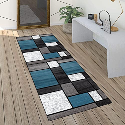 QQrunner Teppich läufer Flur Grau und Blau rutschfest 70x150cm Küchenteppich Patchwork Waschbar Meterware Schlafzimmer Korridor Teppich Lang, Länge Anpassbare, 40-120cm Breit