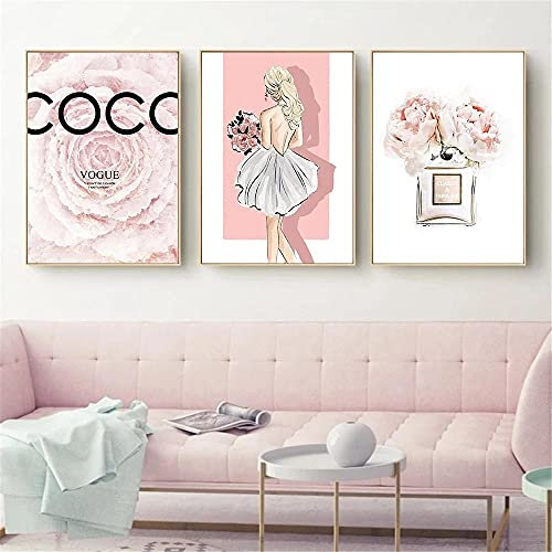 SYXBEIVK Mode Livre Fille Mur Art Impression Sur Toile Affiche De Mode Fleur Rose Pivoine Bouteille De Parfum Mur Photos Salon Décor Peinture-40x60cmx3Pcs-pas de cadre